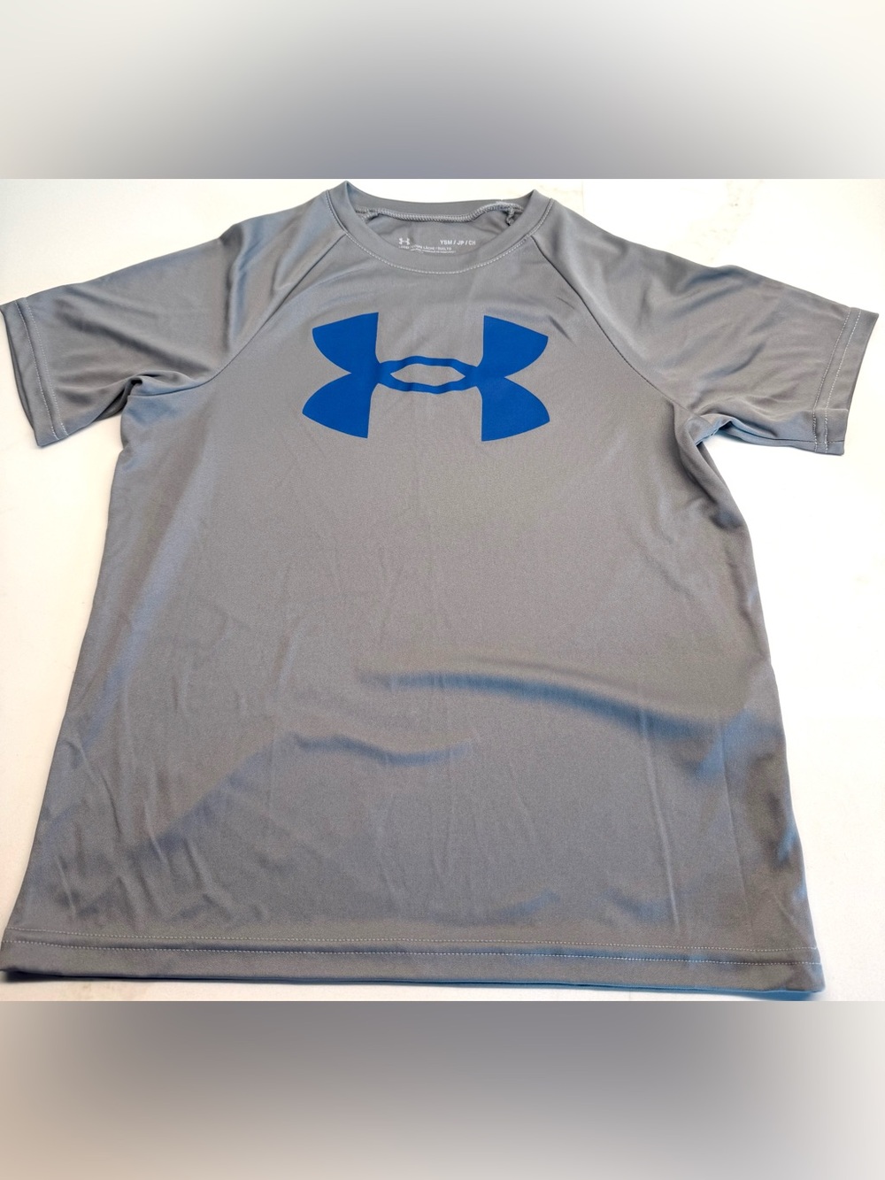 Boys Under Armour HeatGear Short Sleeve Performance Shirt YSM Gray Blue Logo